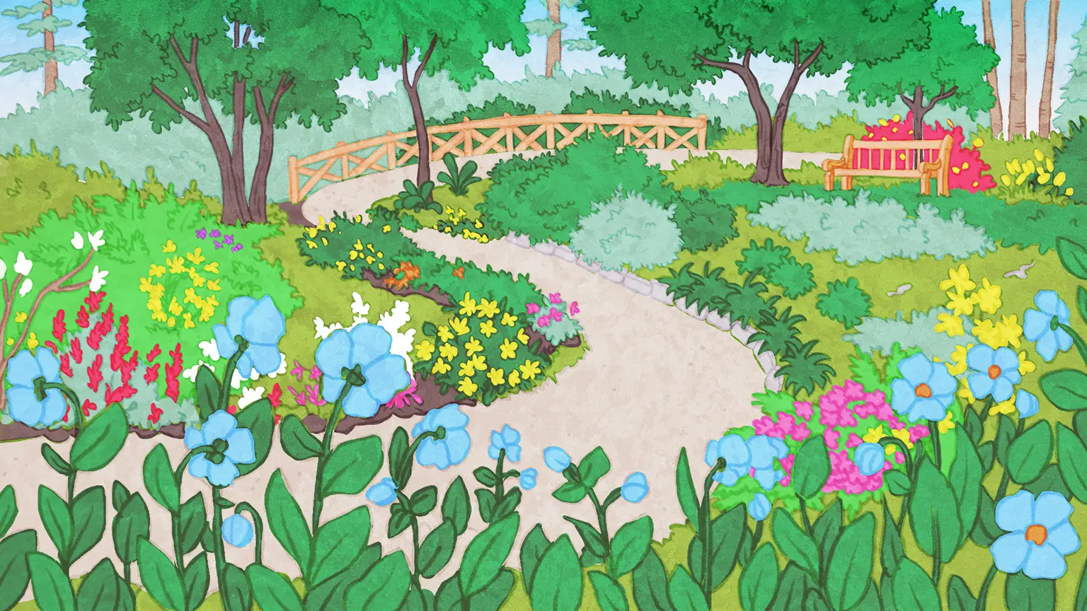 Ce dessin représente l’Allée royale. Un sentier de grandes pierres grises sépare le dessin en plein centre et crée deux platebandes. Les platebandes sont couvertes de lis blancs, de roses rouges, de fleurs violettes et de buissons d’un vert dense. Il y a quelques arbres feuillus et conifères au fond du dessin.