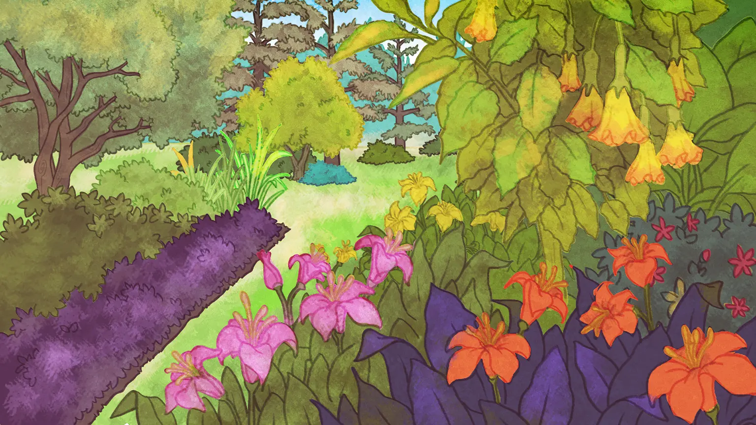 Sur cette illustration, le jardin a des couleurs variées. On voit du rouge, du rose et du violet au premier plan, dans la platebande.