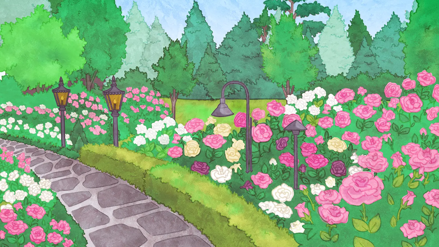 Une roseraie au maximum de sa floraison est représentée sur ce dessin. Des fleurs roses, blanches, jaunes et pourpres sont présentes. Ces rosiers longent un buisson délimitant un sentier de pierres. Trois lampes sont disposées afin d’éclairer le sentier. Au fond, des conifères et des feuillus délimitent le jardin.
