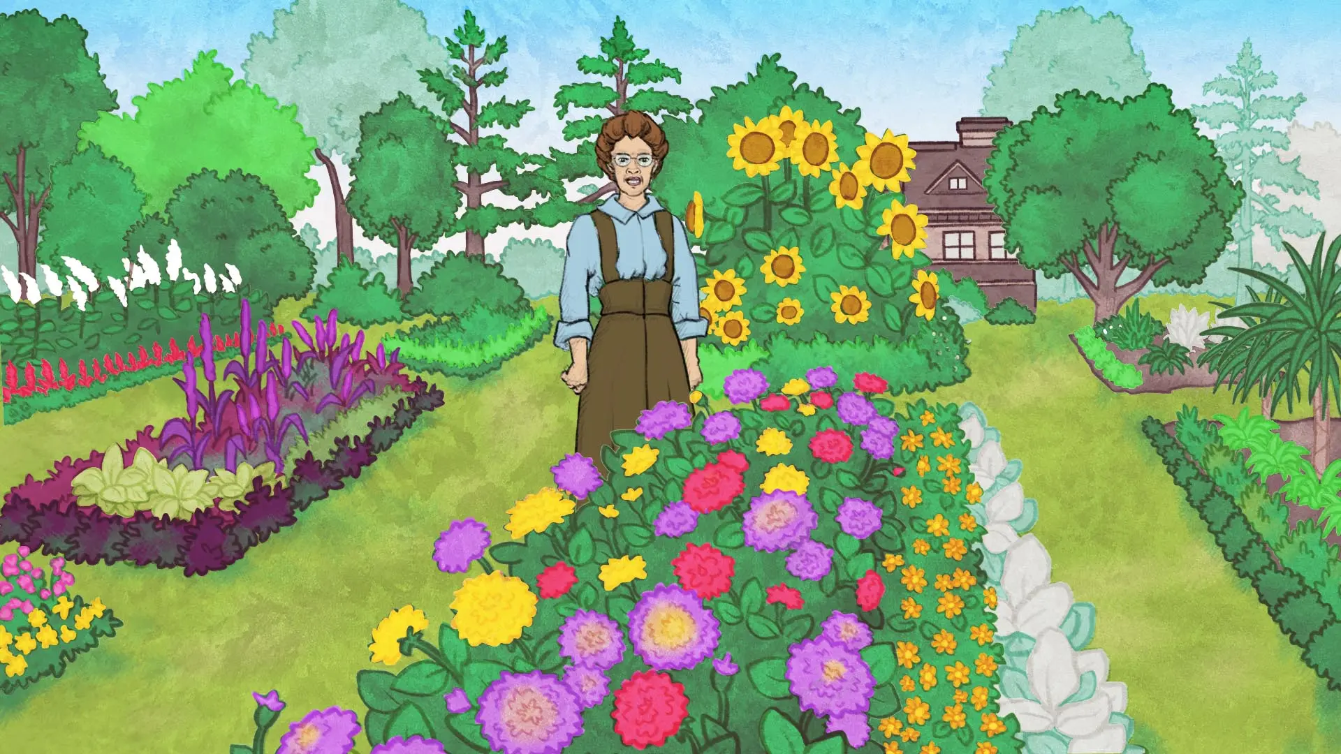 Aquarelle où Isabella se trouve entre deux platebandes du jardin, sur une surface gazonnée. Elle porte des lunettes de vue, une chemise bleue et une longue robe-tablier brune.